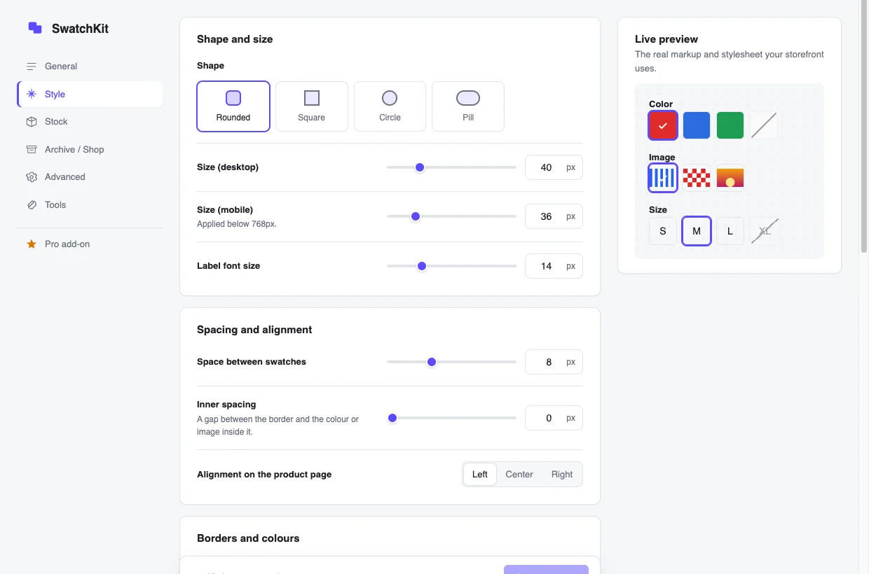 The SwatchKit settings screen: a tab rail on the left, Shape and size and Spacing cards in the middle, and a live preview of colour, image and size swatches on the right.